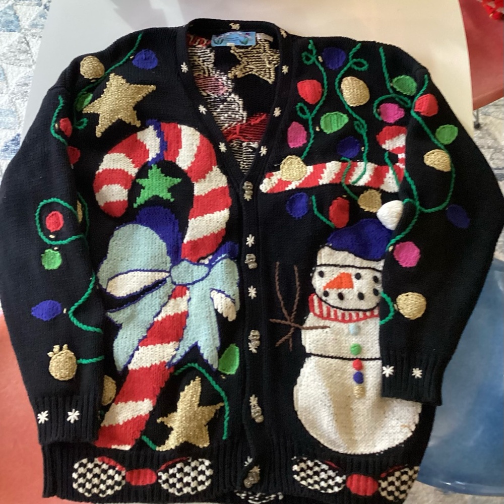 Festive Snowman and Candy Cane Handknitted. Christmas Cardigan